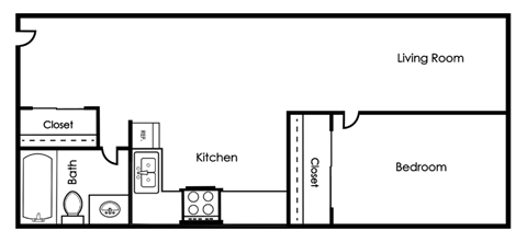 A floor plan of a living room, kitchen, and bedroom.